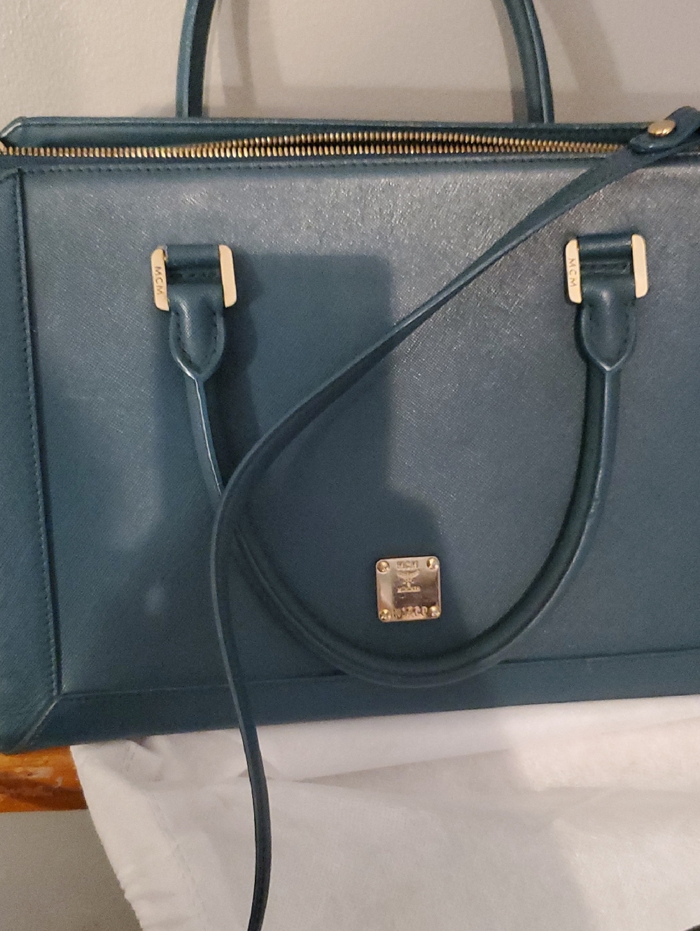 MCM Blue Leather Top Handle Bag with Removable Strap
